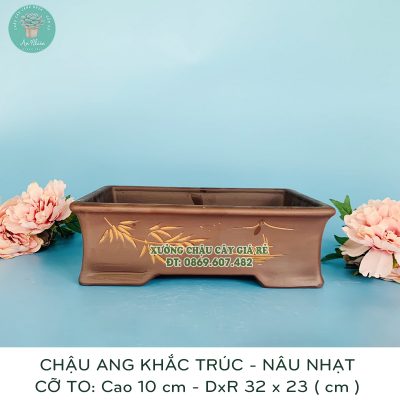 Chậu sứ trồng cây chữ nhật mẫu khắc nâu trúc cỡ nhỏ đẹp mắt