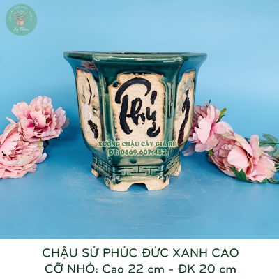 Mua chậu sứ xanh vẽ chữ Phúc Đức họa tiết nổi đep mắt