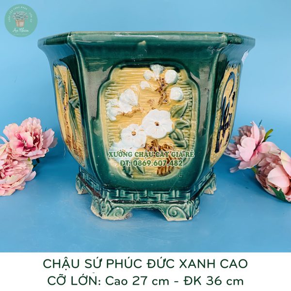 Noi ban chau su xanh ngoc dang cao hoa van Phuc Duc dep mat 6 1