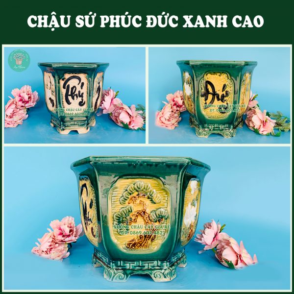 Noi ban chau su xanh ngoc dang cao hoa van Phuc Duc dep mat